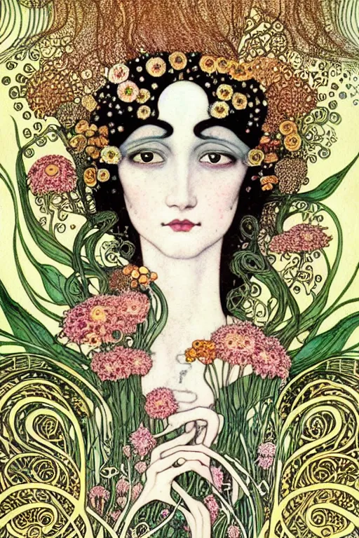 Image similar to centered beautiful detailed front view portrait of a woman with ornate flowers growing around, ornamentation, flowers, elegant, dark and gothic, full frame, art by kay nielsen and walter crane and gustave klimt, illustration style, watercolor