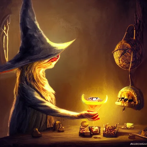 Prompt: Anthropomorphized cat witch brewing potion, evil smile, witch Hut, witch hat, dark fantasy, magic the gathering artwork, D&D, fantasy, cinematic lighting, centered, symmetrical, highly detailed, digital painting, artstation, concept art, smooth, sharp focus, illustration, volumetric lighting, epic Composition, 8k, art by Akihiko Yoshida and Greg Rutkowski and Craig Mullins, heroic pose, oil painting, cgsociety