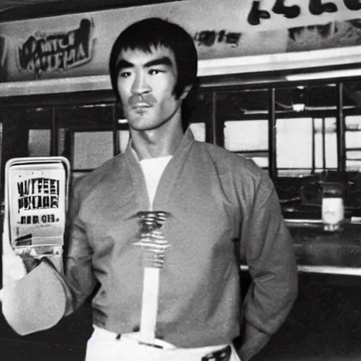 Image similar to 8 k vintage portrait photograph of bruce lee standing inside of a detailed and busy wafflehouse helping out