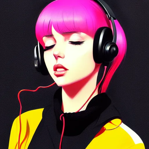 Prompt: a woman with headphones on, digital painting masterpiece, by ilya kuvshinov and rockin jellybean