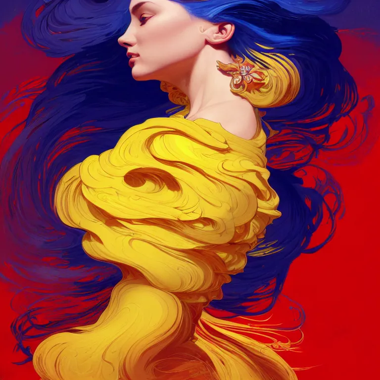 Image similar to Fool is a hue created with swirls of yellow gouache, joyous red, and a daub of crystalline ultramarine, intricate, highly detailed, digital painting, artstation, concept art, smooth, sharp focus, illustration, Unreal Engine 5, 8K, art by artgerm and greg rutkowski and alphonse mucha