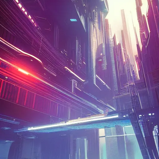 Prompt: busy cyberpunk futuristic cityscape located under a bridgeway, world seen only through a portal, daylight, cinematic perspective, cinematic lighting, blue sky, syd mead, john harris, symmetrical