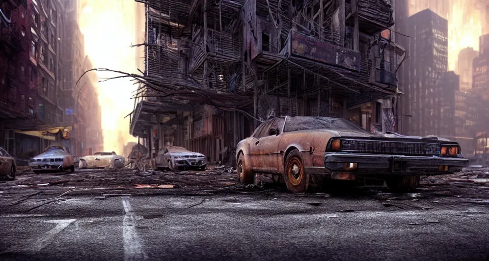 Prompt: A beautiful hyper realistic ultra detailed lifelike matte painting of close-up of a scruffy Timber Wolf standing in the middle of an abandoned post-apocalyptic New York City street at night with cars on fire, unreal engine, deviantart, flickr, artstation, octane render, textured, colorful, extreme realistic detail, physically based rendering, pbr render, very detailed, volumetric lighting, detailed lighting, octane render, 4k, cinematic lighting, 8k resolution