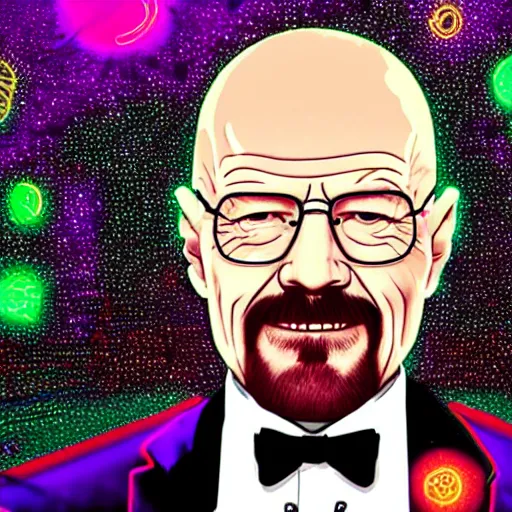 Image similar to walter white in a white tuxedo, laughing in a night club, neon lights and laser show