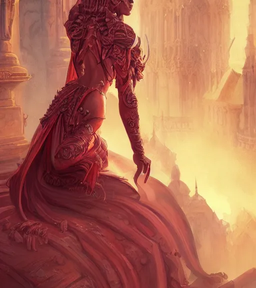 Image similar to demons, full dress, full body portrait, gentle, female, city landscape, d & d, fantasy, intricate, elegant, highly detailed, digital painting, red gold color palette, artstation, octane render, concept art, matte, sharp focus, illustration, hearthstone, art by artgerm and greg rutkowski and alphonse mucha