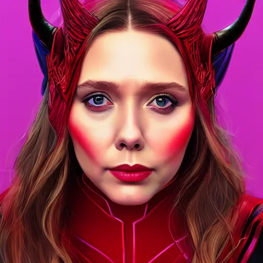 Prompt: A portrait of elizabeth Olsen as scarlet witch with horns, cinematic, digital art, amazing detail