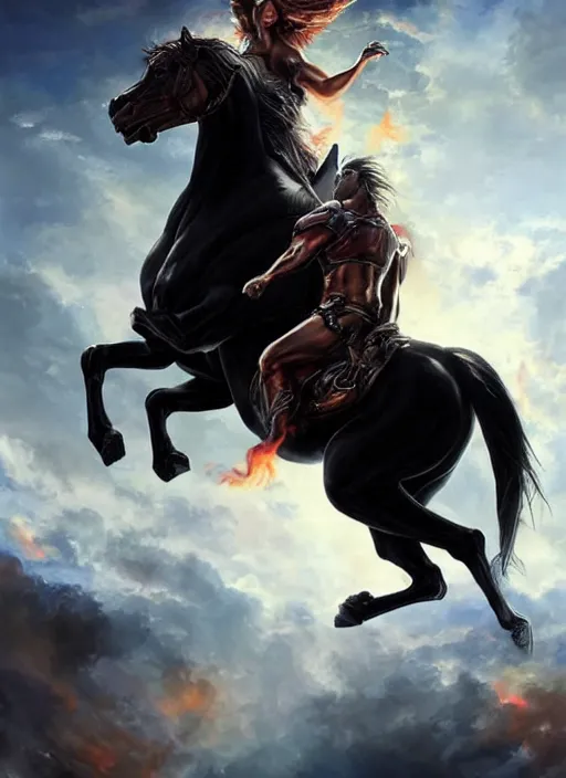 Prompt: the first horseman of the apocalypse riding a strong big black stallion, horse is running, the rider carries a the scales of justice, flames from the ground, artwork by artgerm and rutkowski, breathtaking, dramatic, full view