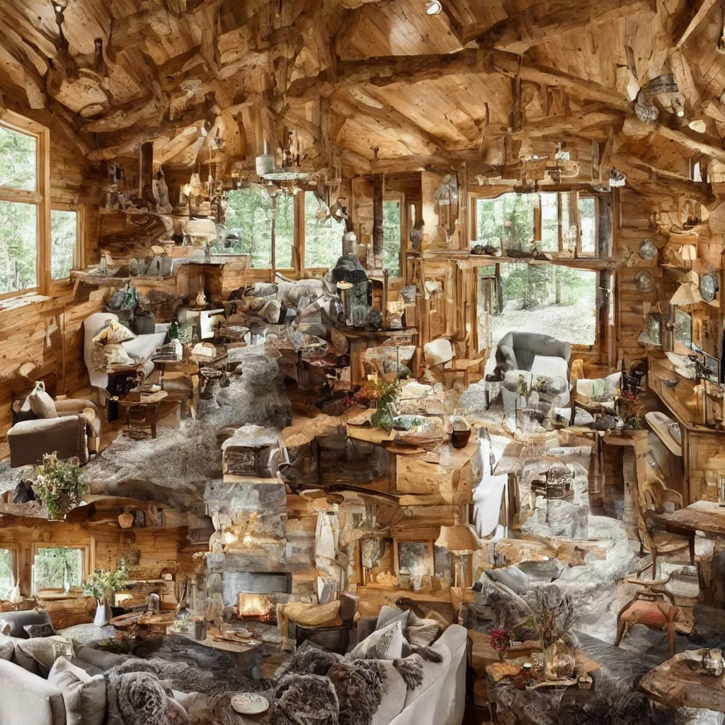 Image similar to a cozy cabin in the woods with a style inspired by fairy tale cottages