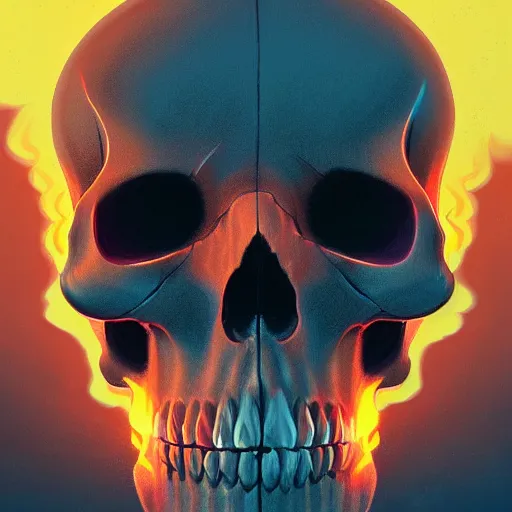 Image similar to A stunning profile of a symmetrical skull on fire by Simon Stalenhag, Trending on Artstation, 8K