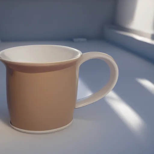 Prompt: White mug, hyperrealism, diffuse shadows, colored lighting, unreal engine 5 tech demo, octane render, Frank Lloyd Wright ((Studio Ghibli))