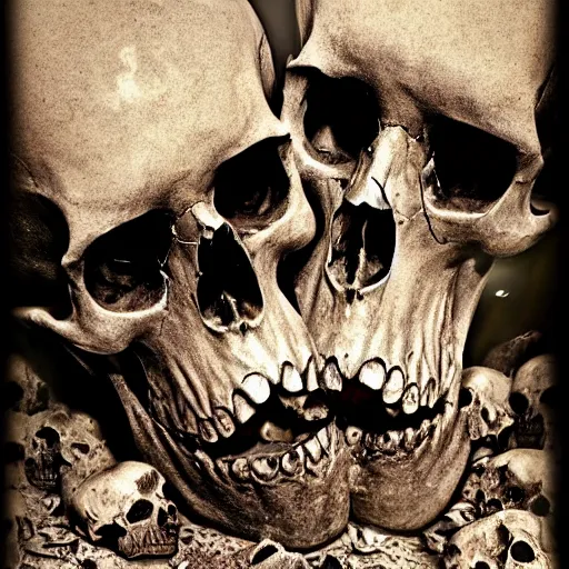 Image similar to rotting bones. HUMAN SKULLS KISSING