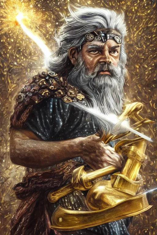 Image similar to mythological odin all father supreme God of thunder and smithing and artificial intelligence creating an artificial neural network with gold synapses on an anvil with his mighty hammer, high resolution, award winning art, trending on art station, sharp image, incredibly detailed, detailed character, realistic painting, hyperrealistic painting