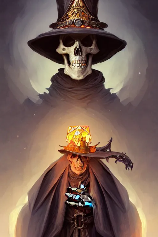 Image similar to Portrait of archmage skeleton with a wizard hat on his head, D&D, face, fantasy, intricate, elegant, highly detailed, digital painting, artstation, concept art, smooth, sharp focus, illustration, art by artgerm and greg rutkowski and alphonse mucha