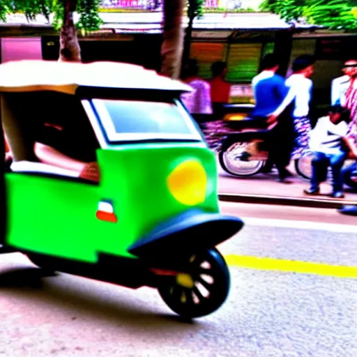 Image similar to a flying tuk tuk