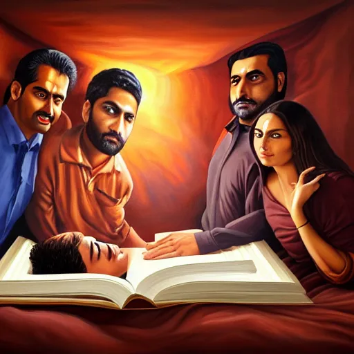 Image similar to a painting of three brown men and a brown woman emerging out of a giant open book, hyperrealistic faces, detailed digital art, aesthetic!, trending on artstation, anatomically correct