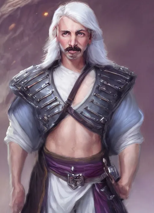 Image similar to tristan fulcher livedoce young man with short white fringe white hair and moustache, dndbeyond, bright, colourful, realistic, dnd character portrait, full body, pathfinder, pinterest, art by ralph horsley, dnd, rpg, lotr game design fanart by concept art, behance hd, artstation, deviantart, hdr render in unreal engine 5