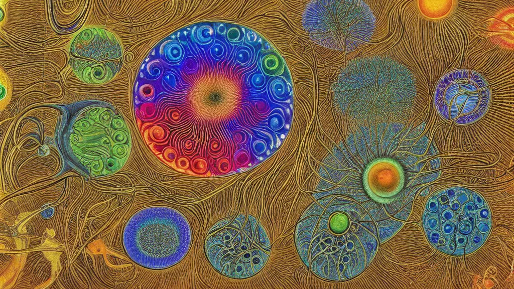 Image similar to quantum connections represented as symbiotic organisms like cells playing around with colorful lights by ernst haeckel, magnetic, chewy