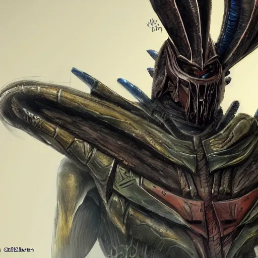 Prompt: a predalorian, yutja, close up concept art mix between a yutja predator from predator movies, prey, alien, and a mandalorian