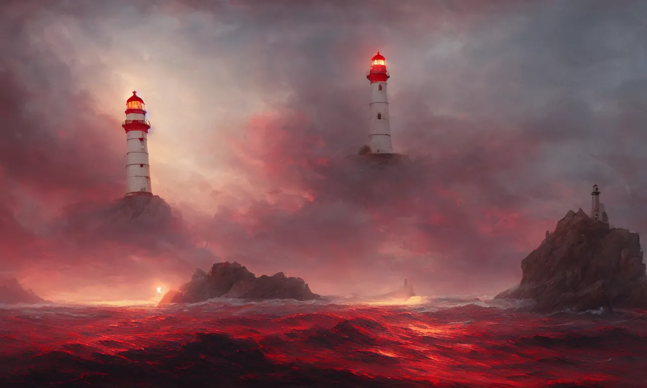 Image similar to a beautiful painting of a lighthouse seen at a distance shining it's light across a violent tumultuous sea of red blood by john blanche and greg rutkowski, trending on artstation, midjourney