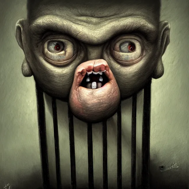 Image similar to behind bars of jail gediminas pranckevicius | close up portrait of a the trump behind jail bars in the sinister valley of despair, one mouth, one nose, two eyes, oil painting by tomasz jedruszek, cinematic lighting, pen and ink, intricate line, hd, 4 k, million of likes, trending on artstation