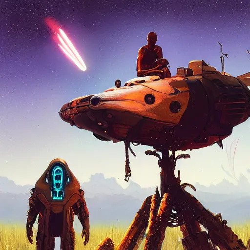 Image similar to a cyberpunk mursi elder sitting in a field watching a meteor shower with his hoverbike in the foreground by greg rutkowski and android jones in a cyberpunk style, oil on canvas, 8k, afrofuturism