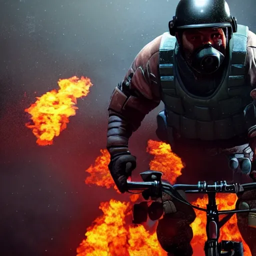 Image similar to Montagne from Rainbow Six Siege riding a bike leaving behind a trail of flames and explosions