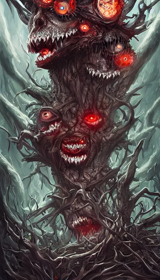 Prompt: a storm vortex made of many demonic eyes and teeth over a forest, by artgerm