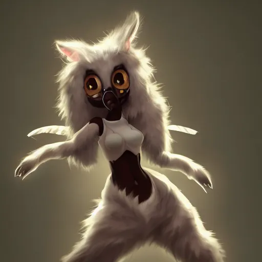 Image similar to cute furry girl with four arms, big fluffy ears, white fur and dark skin, dramatic lighting, cinematic, artstation, anime style