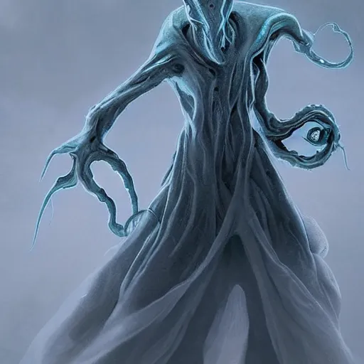 Image similar to concept designs for an ethereal ghostly wraith like figure with a squid like parasite latched onto its head and long tentacle arms that flow lazily but gracefully at its sides like a cloak while it floats around a frozen rocky tundra in the snow searching for lost souls and that hides amongst the shadows in the trees, this character has hydrokinesis and electrokinesis for the resident evil village video game franchise with inspiration from the franchise Bloodborne and the mind flayer from stranger things on netflix