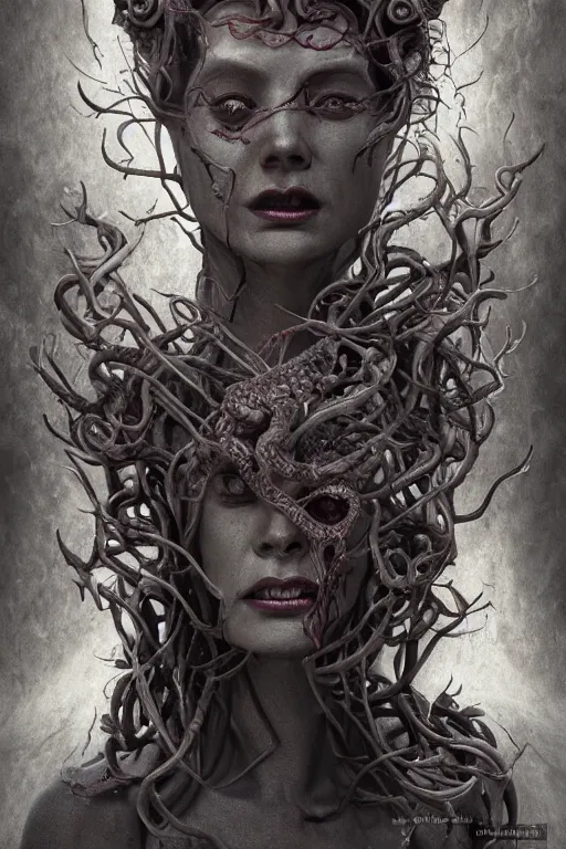 Image similar to medusa fused with a demon of dante´s inferno, photo, portrait, 3d, grotesque, terrifying, high details, intricate details, by vincent di fate, artgerm julie bell beeple, 90s, Smooth gradients, octane render, 8k, High contrast, duo tone, depth of field, very coherent symmetrical artwork