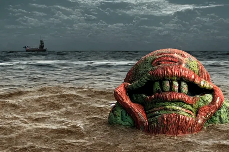 Image similar to sighting of a mutated plastic monster with the face of capitalism rising out of a plastic sea on the beach, monster ashore, highly detailed, cinematic