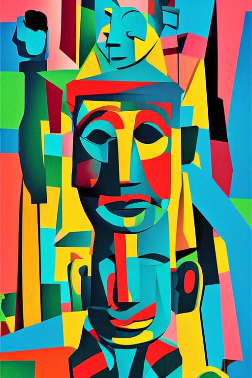 Image similar to cubist moai statue cutout digital illustration cartoon colorful beeple