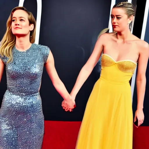 Prompt: brie larson and amber heard holding hands on the red carpet