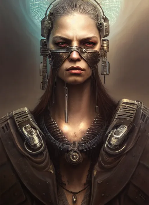 Image similar to closeup portrait shot of a cyberpunk warrior in a scenic dystopian environment, intricate, elegant, highly detailed, centered, digital painting, artstation, concept art, smooth, sharp focus, illustration, artgerm, tomasz alen kopera, peter mohrbacher, donato giancola, joseph christian leyendecker, wlop, boris vallejo