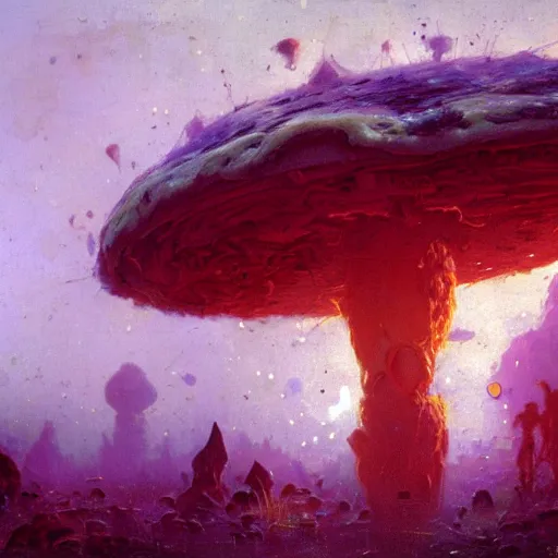 Image similar to a lovely picture of a mycelium alien by john berkey, by george inness, by john harris, purple and red and white gradient colour theme, trending on deviantart, rendered in blender, 8 k resolution