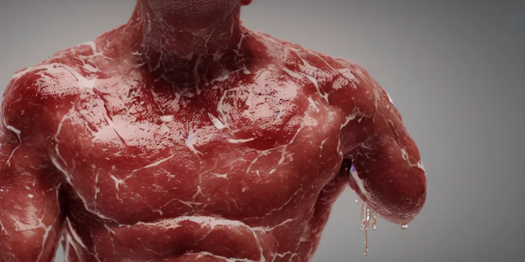 Prompt: a man made of meat, wet glistening, photorealistic, octane render, unreal engine, 6 k