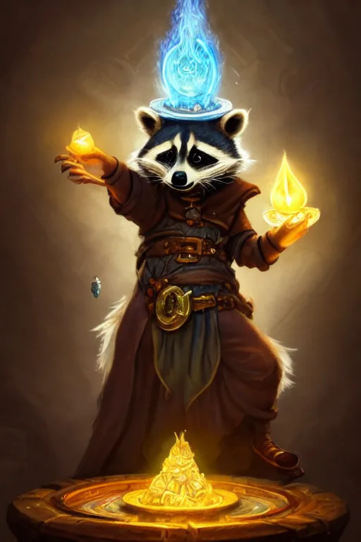 Prompt: closeup 3 5 mm anthropomorphic sorcerer raccoon casting a spell in a castle, d & d, fantasy, intricate, action pose, particle effects, highly detailed, digital painting, artstation, concept art, matte, sharp focus, volumetric lighting, illustration, hearthstone, art by artgerm, wlop, greg rutkowski and alphonse mucha