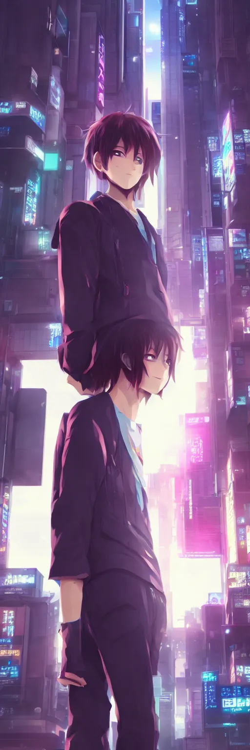 Prompt: a beautiful portrait of a cute anime boy in cyberpunk city. volumetric lighting, subsurface scattering, hyperrealistic, render, hyperdetailed