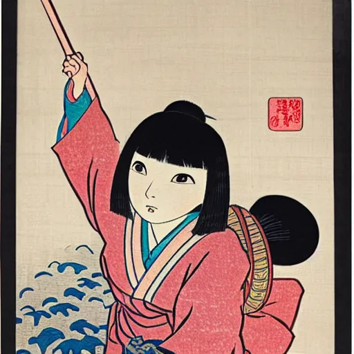 Image similar to Japanese woodblock print of real girl dora the explorer, hokusai