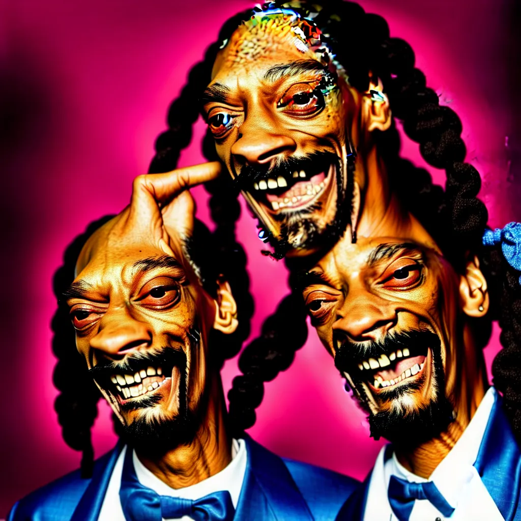 Image similar to a photo of Snoop Dogg laughing hysterically, eyes wide open