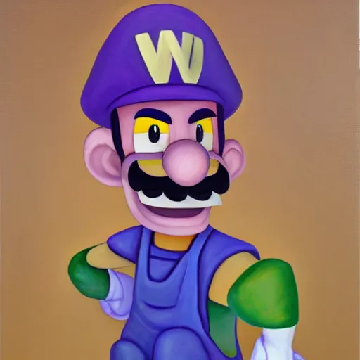 Image similar to Still oil painting of Waluigi. 8k. Trending. Good lighting.