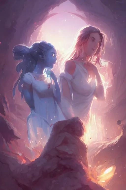 Image similar to two beautiful idols standing face to face, by Jordan Grimmer and greg rutkowski, trending artstation, pixiv, digital art