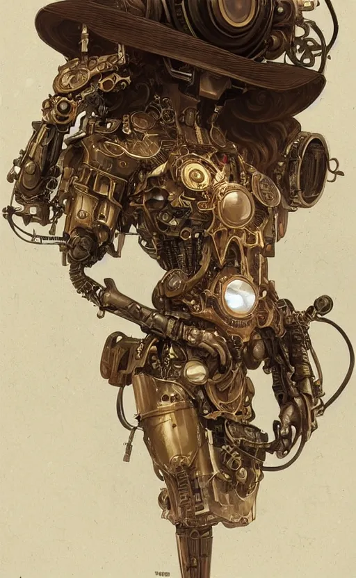 Image similar to steampunk robot, western, closeup, d & d, fantasy, intricate, elegant, highly detailed, digital painting, artstation, concept art, matte, sharp focus, illustration, art by artgerm and greg rutkowski and alphonse mucha