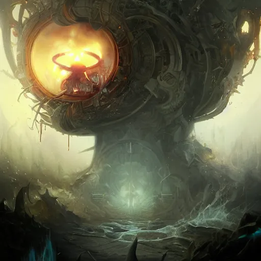 Image similar to ultradetailed satanic demigod opening cybernetic portal to insanity dimension by peter mohrbacher and emmanuel shiu and martin johnson heade and bastien lecouffe - deharme