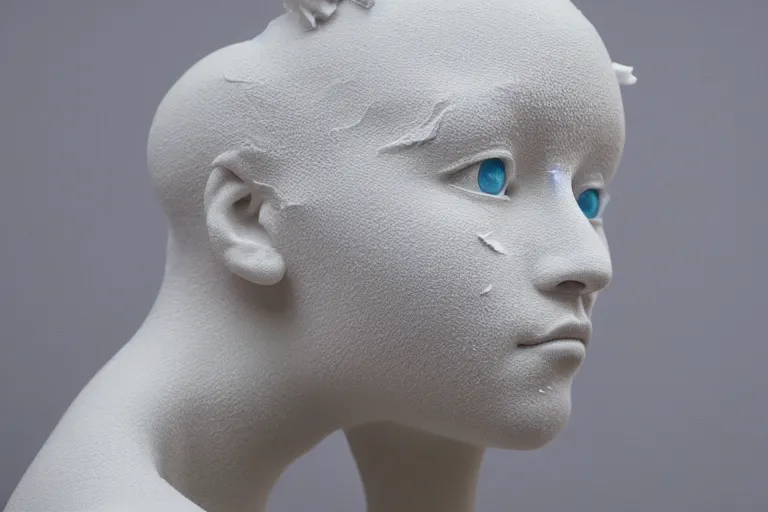 Image similar to full head and shoulders, beautiful female porcelain sculpture by daniel arsham and james jean, smooth, all white features on a white background, delicate facial features, white eyes, white lashes, detailed white, lots of 3 d giant twisting flower hair