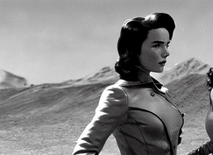 Prompt: a movie still from the modern film the rocketeer featuring young jennifer connelly in her role as jenny blake