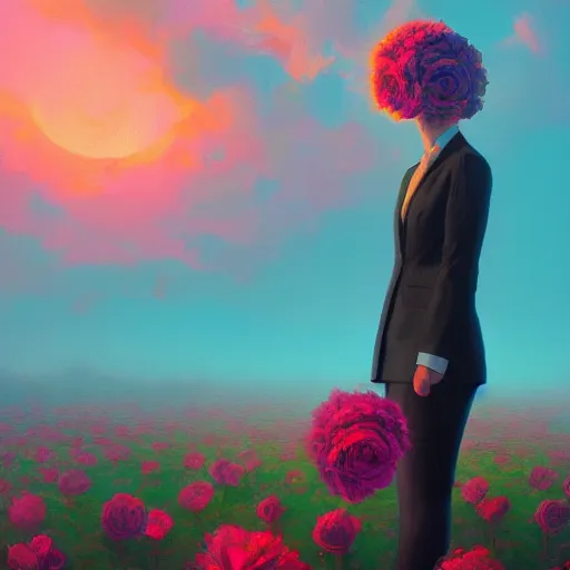 Image similar to closeup, giant rose flower head, frontal, girl in a suit, surreal photography, sunrise, dramatic light, impressionist painting, digital painting, artstation, simon stalenhag