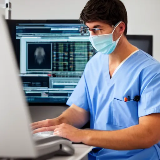 Image similar to radiologist looking at computer screen while surgeons impatiently wait for his opinion