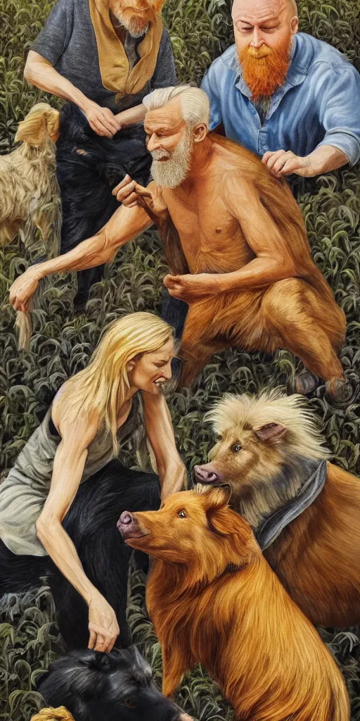 Image similar to beautiful detailed acrylic painting of a fit and mystical elderly man, has blond hair and ginger beard, surrounded by a Belgian shepherd and a wild boar