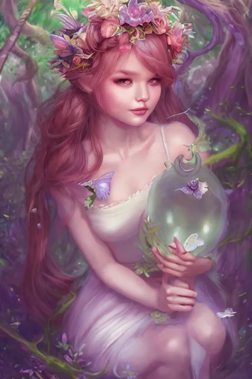 Image similar to a cute fairy in the dreamy forest, fantasy, 8 k resolution, hyper detailed, d & d, character design, digital painting, trending on artstation, sharp focus, illustration, art by artgerm, steve zheng, fuji choko, viktoria gavrilenko, hoang lap